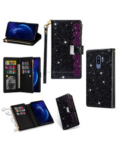 For Samsung Galaxy S9+ Multi-card Slots Starry Sky Laser Carving Glitter Zipper Horizontal Flip Leather Case with Holder & Wallet & Lanyard